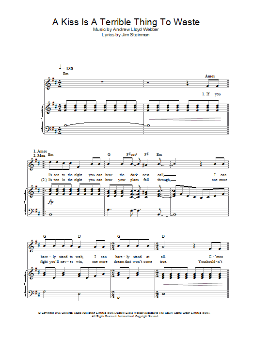 Preview Andrew Lloyd Webber A Kiss Is A Terrible Thing To Waste (from Whistle Down The Wind) Musicals sheet music, notes and chords for Piano, Vocal & Guitar, SKU: 32973 A Kiss Is A Terrible Thing To Waste (from Whistle Down The Wind) sheet music