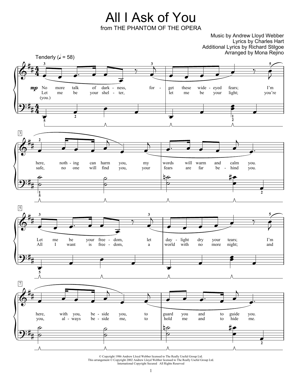 Preview Andrew Lloyd Webber All I Ask Of You (from The Phantom Of The Opera) (arr. Mona Rejino) Broadway sheet music, notes and chords for Educational Piano, SKU: 418849 All I Ask Of You (from The Phantom Of The Opera) (arr. Mona Rejino) sheet music