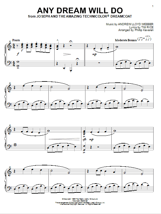 Preview Andrew Lloyd Webber Any Dream Will Do (from Joseph and the Amazing Technicolor Dreamcoat) Broadway sheet music, notes and chords for Piano, SKU: 73541 Any Dream Will Do (from Joseph and the Amazing Technicolor Dreamcoat) sheet music
