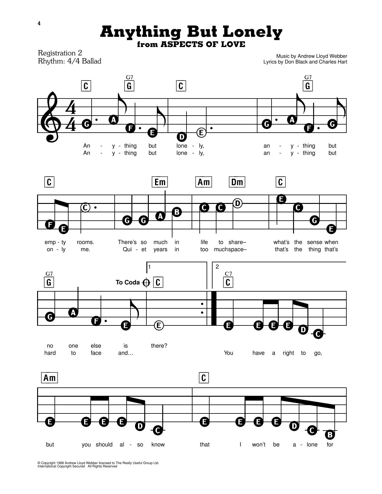 Preview Andrew Lloyd Webber Anything But Lonely Broadway sheet music, notes and chords for Super Easy Piano, SKU: 253525 Anything But Lonely sheet music