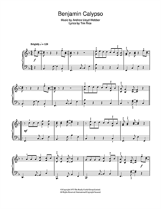 Preview Andrew Lloyd Webber Benjamin Calypso (from Joseph And The Amazing Technicolor Dreamcoat) Musicals sheet music, notes and chords for Alto Saxophone, SKU: 48364 Benjamin Calypso (from Joseph And The Amazing Technicolor Dreamcoat) sheet music