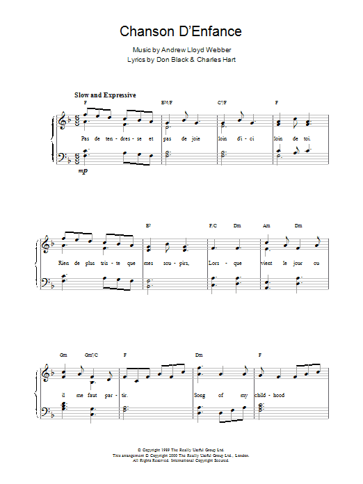 Preview Andrew Lloyd Webber Chanson D'Enfance Musicals sheet music, notes and chords for Piano, SKU: 18377 Chanson D'Enfance sheet music