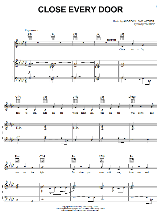 Preview Andrew Lloyd Webber Close Every Door (from Joseph And The Amazing Technicolor Dreamcoat) Musicals sheet music, notes and chords for Clarinet, SKU: 49285 Close Every Door (from Joseph And The Amazing Technicolor Dreamcoat) sheet music