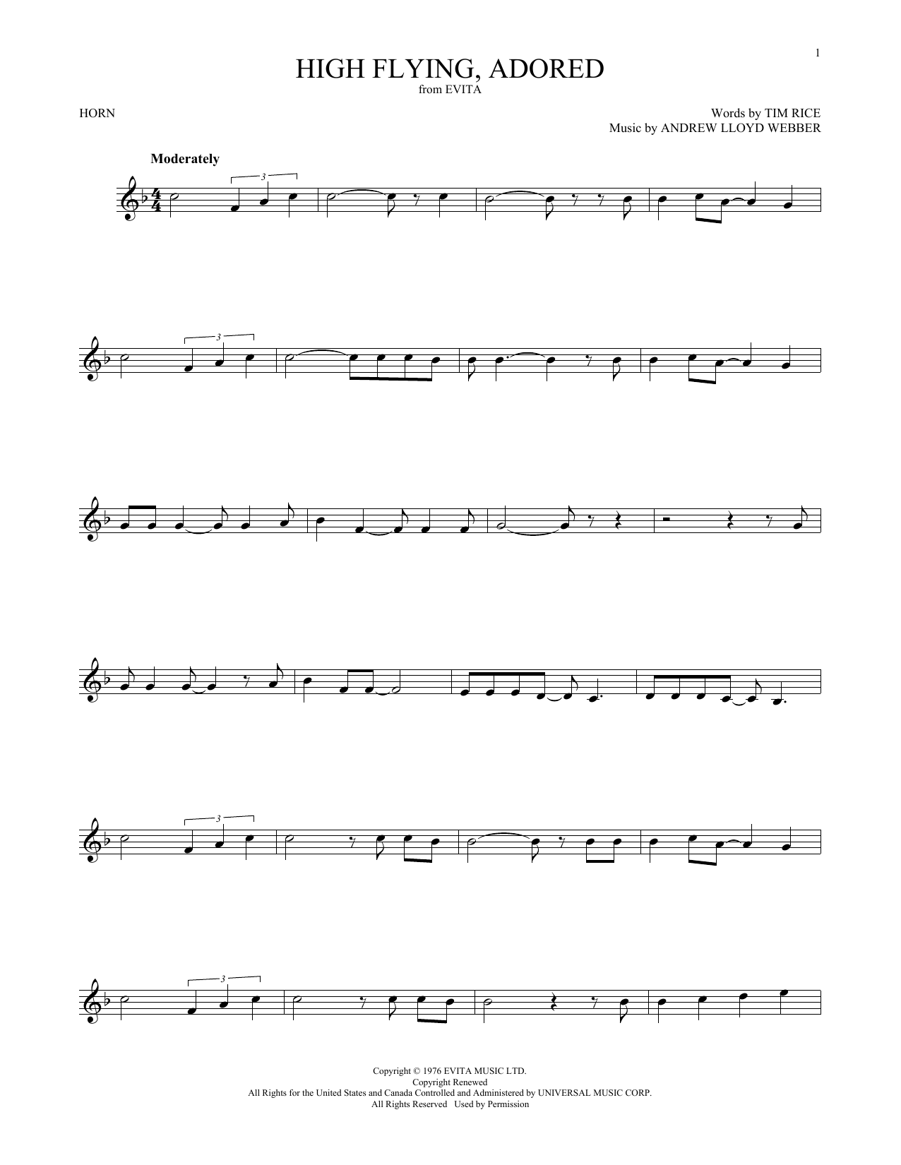 Preview Andrew Lloyd Webber High Flying, Adored (from Evita) Musicals sheet music, notes and chords for Piano, Vocal & Guitar (Right-Hand Melody), SKU: 17572 High Flying, Adored (from Evita) sheet music