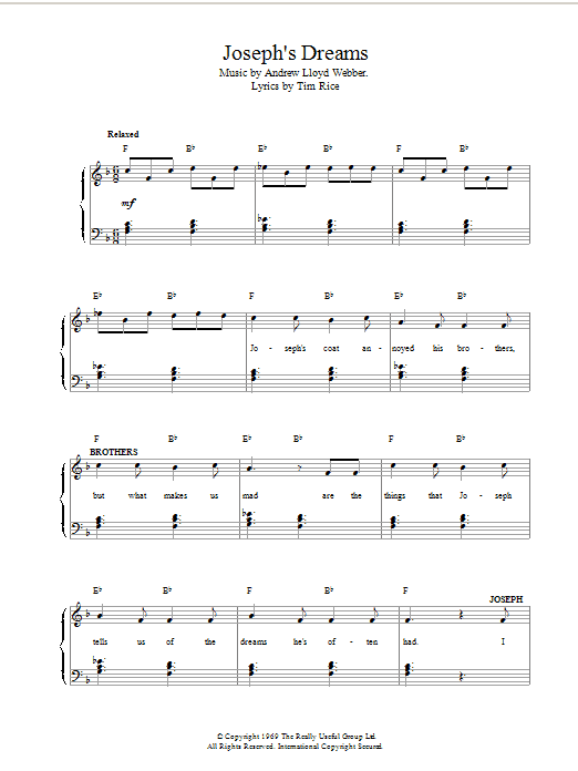 Preview Andrew Lloyd Webber Joseph's Dreams (from Joseph And The Amazing Technicolor Dreamcoat) Musicals sheet music, notes and chords for Piano, Vocal & Guitar (Right-Hand Melody), SKU: 13807 Joseph's Dreams (from Joseph And The Amazing Technicolor Dreamcoat) sheet music