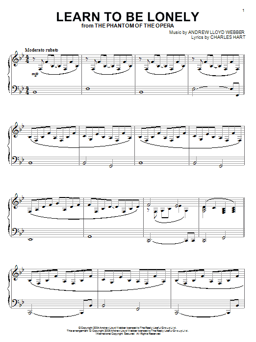 Preview Andrew Lloyd Webber Learn To Be Lonely Pop sheet music, notes and chords for Piano, SKU: 50002 Learn To Be Lonely sheet music