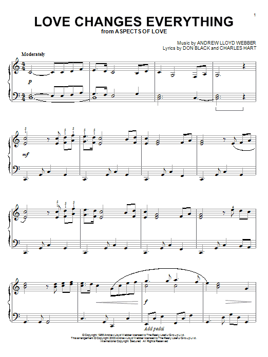 Preview Andrew Lloyd Webber Love Changes Everything (from Aspects of Love) Musicals sheet music, notes and chords for Piano, Vocal & Guitar (Right-Hand Melody), SKU: 13820 Love Changes Everything (from Aspects of Love) sheet music
