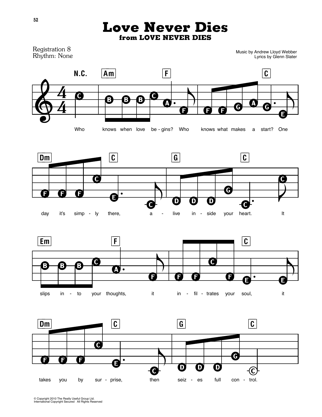 Preview Andrew Lloyd Webber Love Never Dies Musical/Show sheet music, notes and chords for Piano, Vocal & Guitar (Right-Hand Melody), SKU: 155899 Love Never Dies sheet music