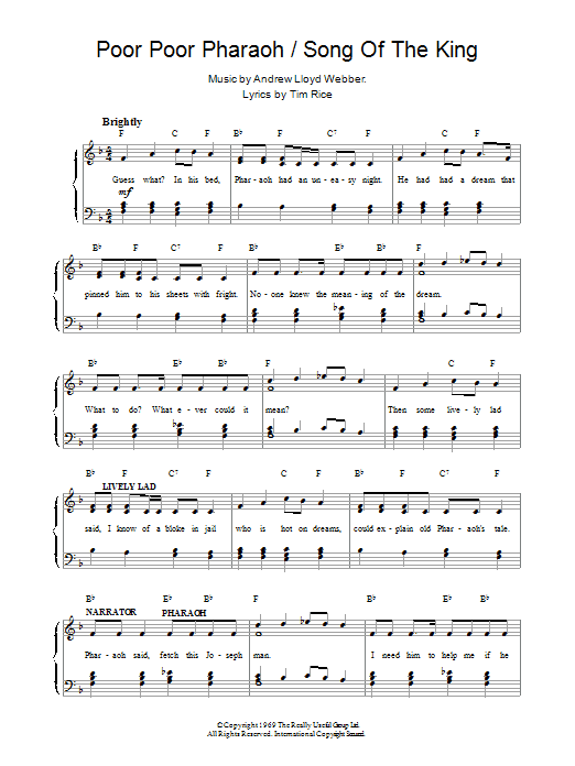 Preview Andrew Lloyd Webber Pharaoh Song Of The King Musicals sheet music, notes and chords for Piano, Vocal & Guitar (Right-Hand Melody), SKU: 13839 Pharaoh Song Of The King sheet music
