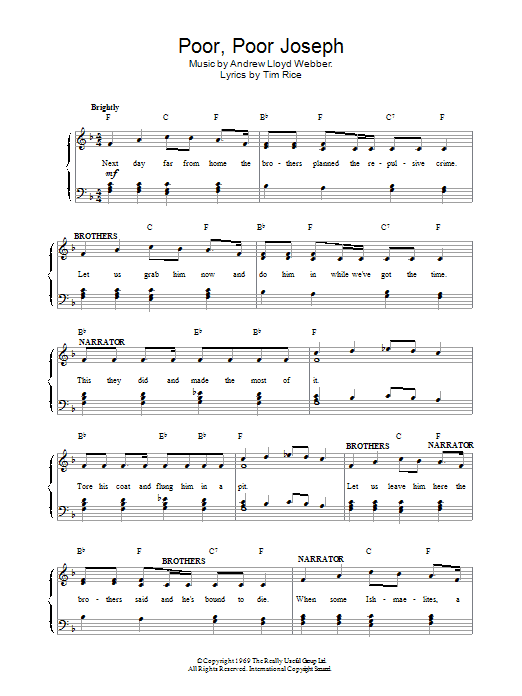 Preview Andrew Lloyd Webber Poor Poor Joseph Musicals sheet music, notes and chords for Piano, Vocal & Guitar (Right-Hand Melody), SKU: 13843 Poor Poor Joseph sheet music