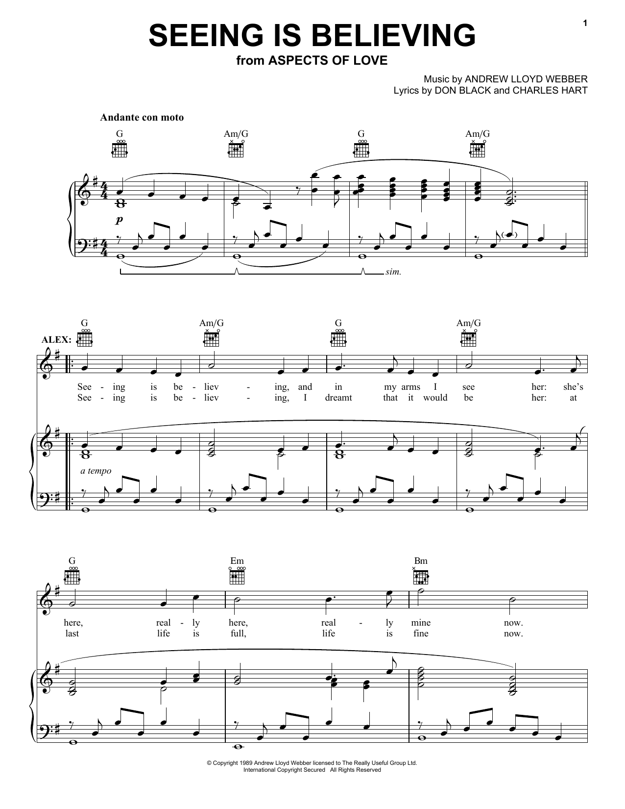 Preview Andrew Lloyd Webber Seeing Is Believing (from Aspects of Love) Musicals sheet music, notes and chords for Piano, Vocal & Guitar (Right-Hand Melody), SKU: 13851 Seeing Is Believing (from Aspects of Love) sheet music