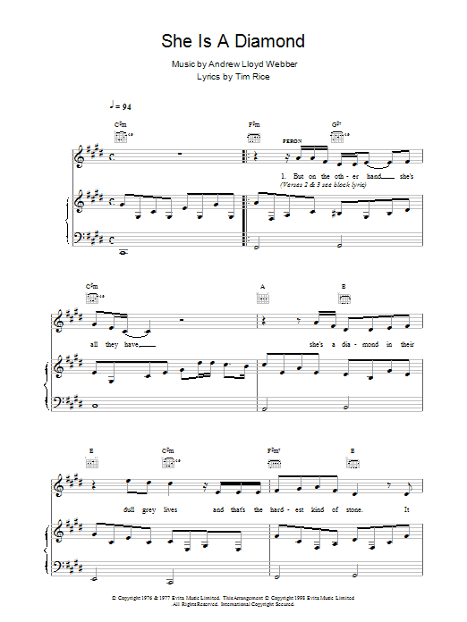Preview Andrew Lloyd Webber She Is A Diamond Musicals sheet music, notes and chords for Piano, Vocal & Guitar, SKU: 17574 She Is A Diamond sheet music