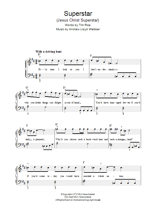 Preview Andrew Lloyd Webber Superstar Broadway sheet music, notes and chords for Flute, SKU: 190678 Superstar sheet music