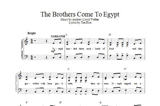 Preview Andrew Lloyd Webber The Brothers Come To Egypt Musicals sheet music, notes and chords for Piano, Vocal & Guitar (Right-Hand Melody), SKU: 13864 The Brothers Come To Egypt sheet music