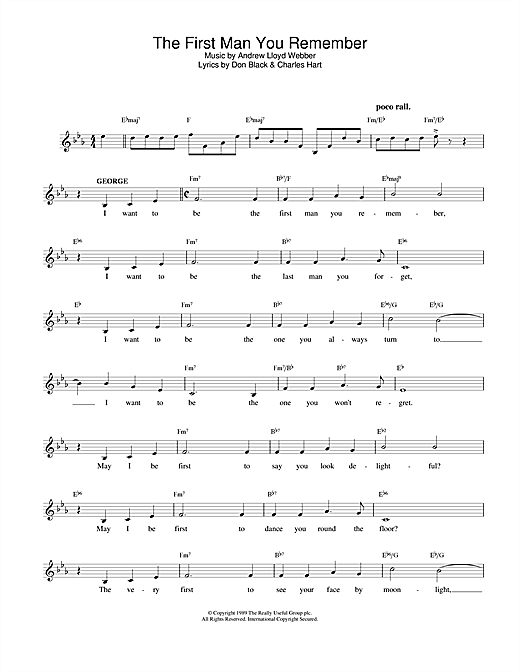 Preview Andrew Lloyd Webber The First Man You Remember (from Aspects Of Love) Musicals sheet music, notes and chords for Melody Line, Lyrics & Chords, SKU: 25177 The First Man You Remember (from Aspects Of Love) sheet music