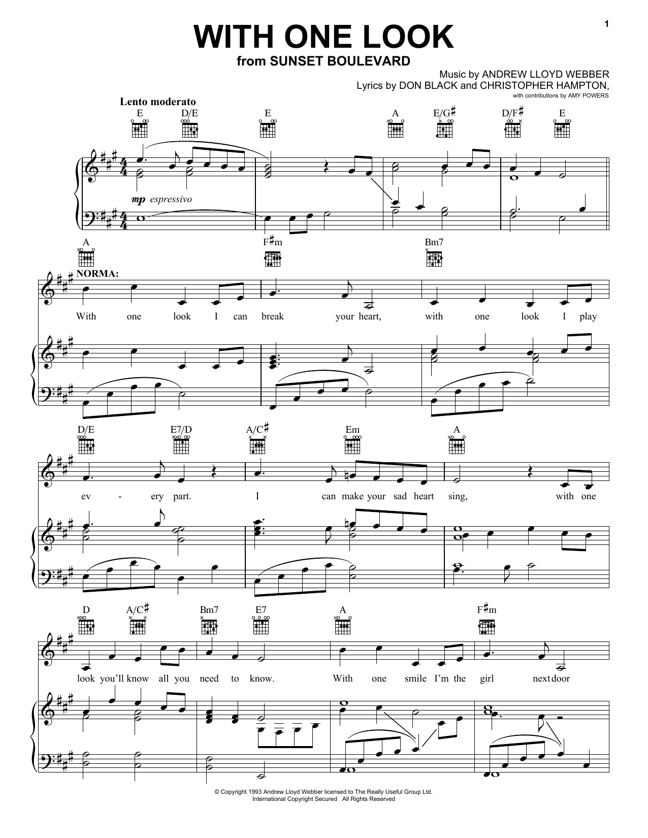 Preview Andrew Lloyd Webber With One Look Musicals sheet music, notes and chords for Piano, Vocal & Guitar (Right-Hand Melody), SKU: 13879 With One Look sheet music