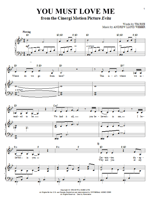 Preview Madonna You Must Love Me (from Evita) Musicals sheet music, notes and chords for Piano & Vocal, SKU: 32974 You Must Love Me (from Evita) sheet music