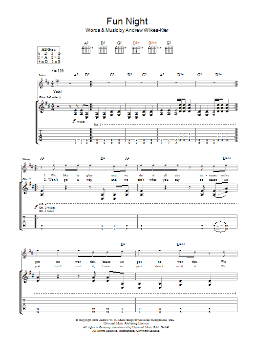 Preview Andrew W.K. Fun Night Rock sheet music, notes and chords for Guitar Tab, SKU: 48434 Fun Night sheet music