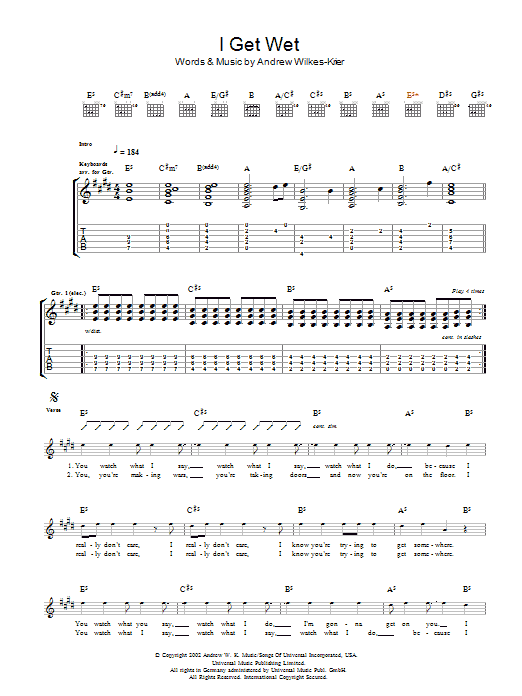Preview Andrew W.K. I Get Wet Rock sheet music, notes and chords for Guitar Tab, SKU: 48435 I Get Wet sheet music