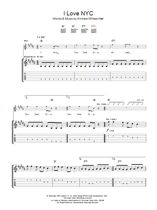 Preview Andrew W.K. I Love NYC Rock sheet music, notes and chords for Guitar Tab, SKU: 48436 I Love NYC sheet music