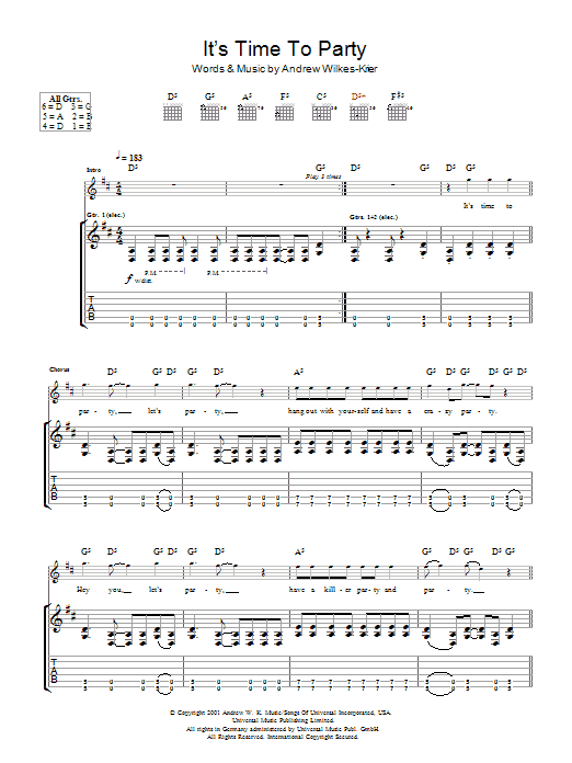 Preview Andrew W.K. It's Time To Party Rock sheet music, notes and chords for Guitar Tab, SKU: 48437 It's Time To Party sheet music