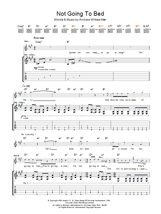 Preview Andrew W.K. Not Going To Bed Rock sheet music, notes and chords for Guitar Tab, SKU: 48440 Not Going To Bed sheet music