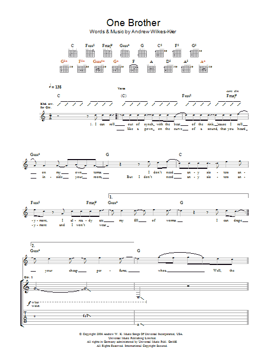 Preview Andrew W.K. One Brother Rock sheet music, notes and chords for Guitar Tab, SKU: 48441 One Brother sheet music