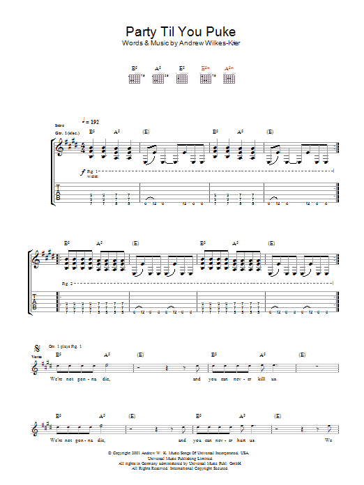 Preview Andrew W.K. Party Til You Puke Rock sheet music, notes and chords for Guitar Tab, SKU: 48455 Party Til You Puke sheet music