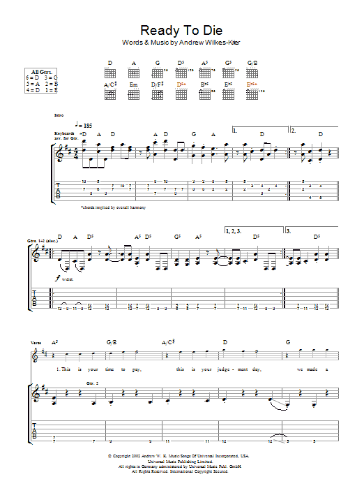 Preview Andrew W.K. Ready To Die Rock sheet music, notes and chords for Guitar Tab, SKU: 48456 Ready To Die sheet music
