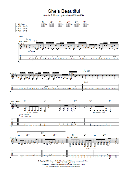 Preview Andrew W.K. She Is Beautiful Rock sheet music, notes and chords for Guitar Tab, SKU: 48457 She Is Beautiful sheet music