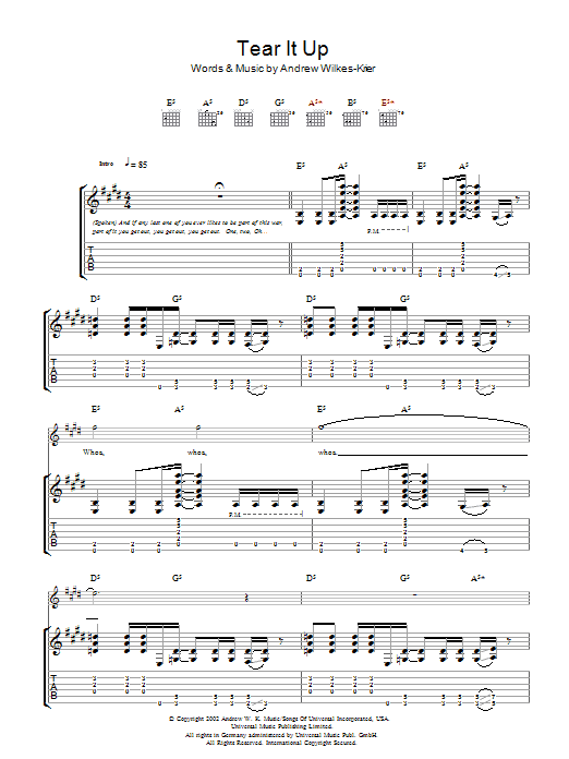 Preview Andrew W.K. Tear It Up Rock sheet music, notes and chords for Guitar Tab, SKU: 48458 Tear It Up sheet music