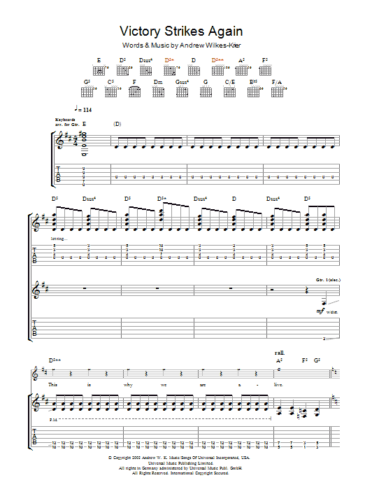 Preview Andrew W.K. Victory Strikes Again Rock sheet music, notes and chords for Guitar Tab, SKU: 48461 Victory Strikes Again sheet music