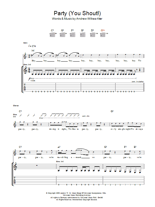 Preview Andrew W.K. We Party (You Shout) Rock sheet music, notes and chords for Guitar Tab, SKU: 48433 We Party (You Shout) sheet music
