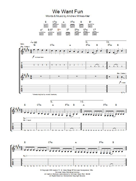 Preview Andrew W.K. We Want Fun Rock sheet music, notes and chords for Guitar Tab, SKU: 48462 We Want Fun sheet music