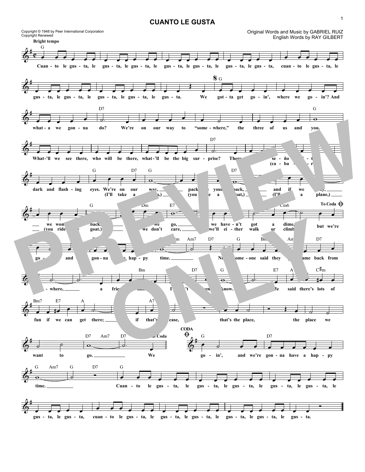 The Andrews Sisters & Carmen Miranda Cuanto Le Gusta Sheet Music Notes & Chords for Melody Line, Lyrics & Chords - Download or Print PDF