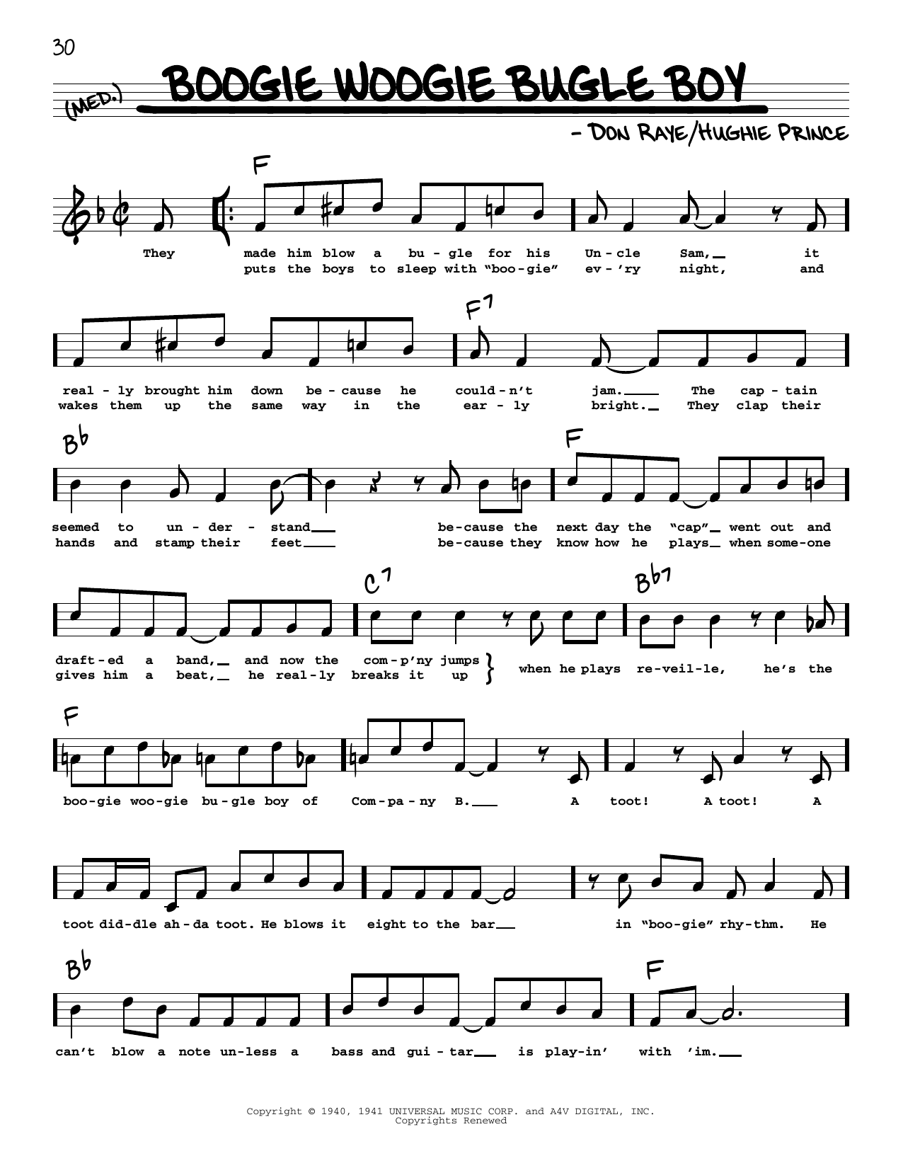 Andrews Sisters Boogie Woogie Bugle Boy (High Voice) (from Buck Privates) Sheet Music Notes & Chords for Real Book – Melody, Lyrics & Chords - Download or Print PDF