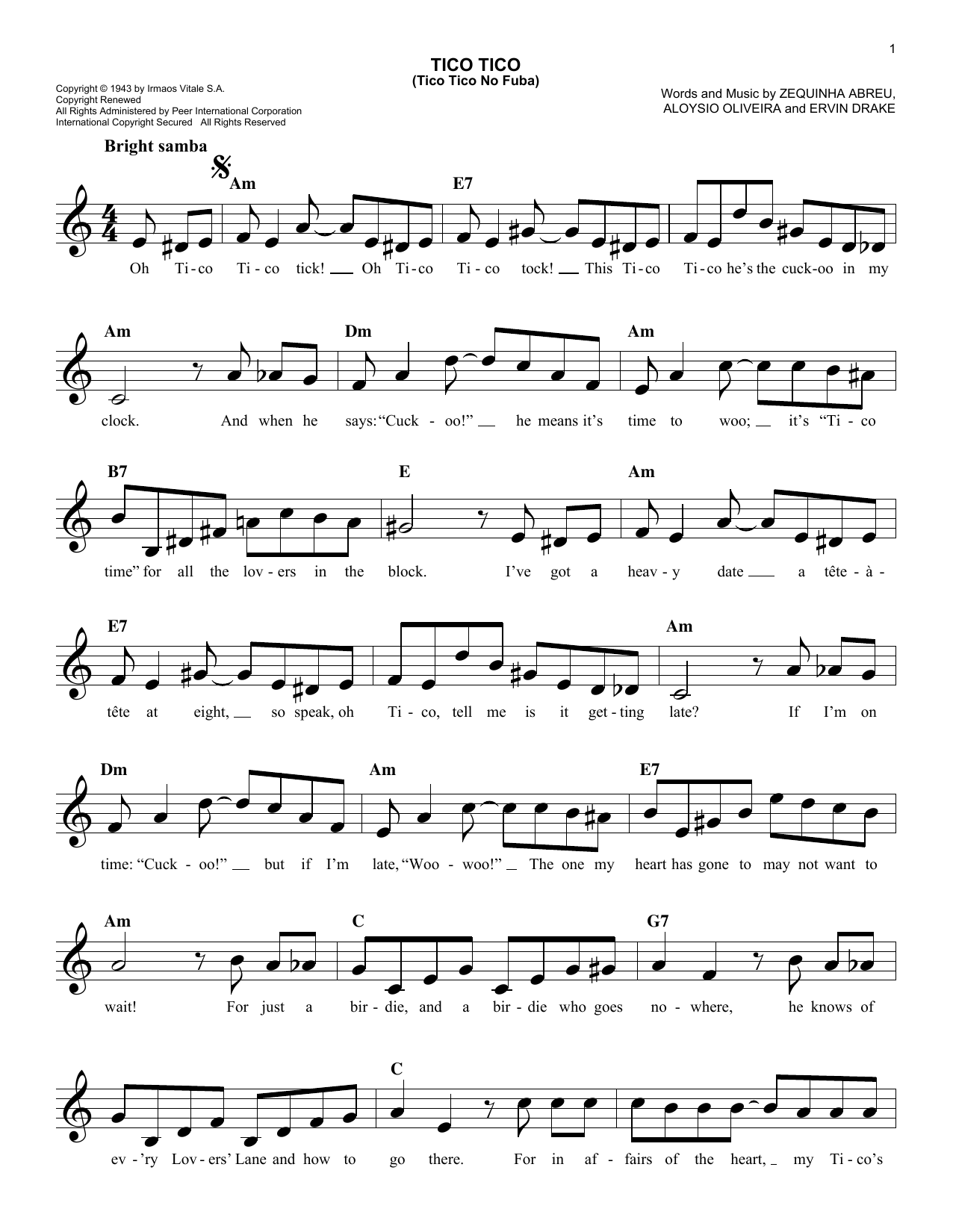 The Andrews Sisters Tico Tico (Tico Tico No Fuba) Sheet Music Notes & Chords for Melody Line, Lyrics & Chords - Download or Print PDF