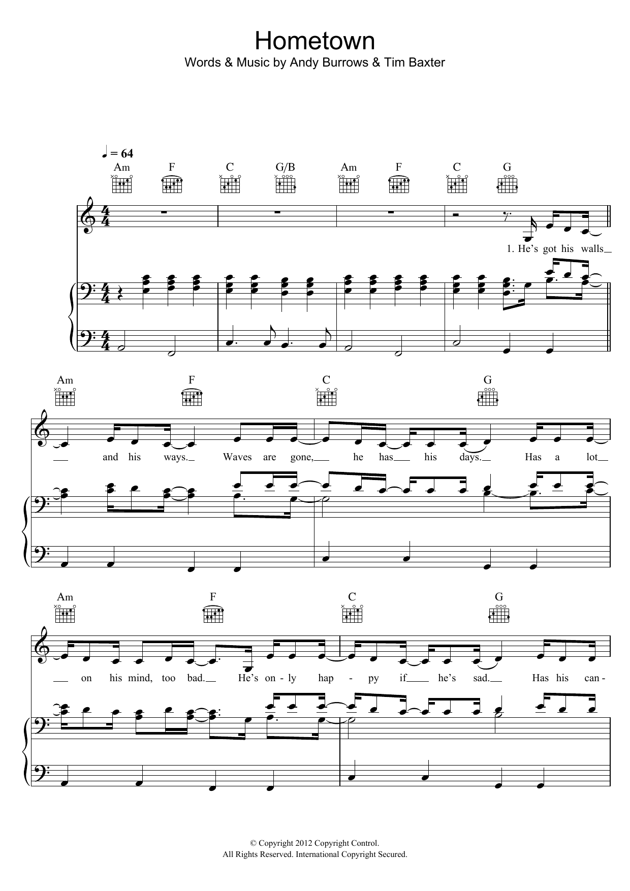 Andy Burrows Hometown Sheet Music Notes & Chords for Piano, Vocal & Guitar (Right-Hand Melody) - Download or Print PDF