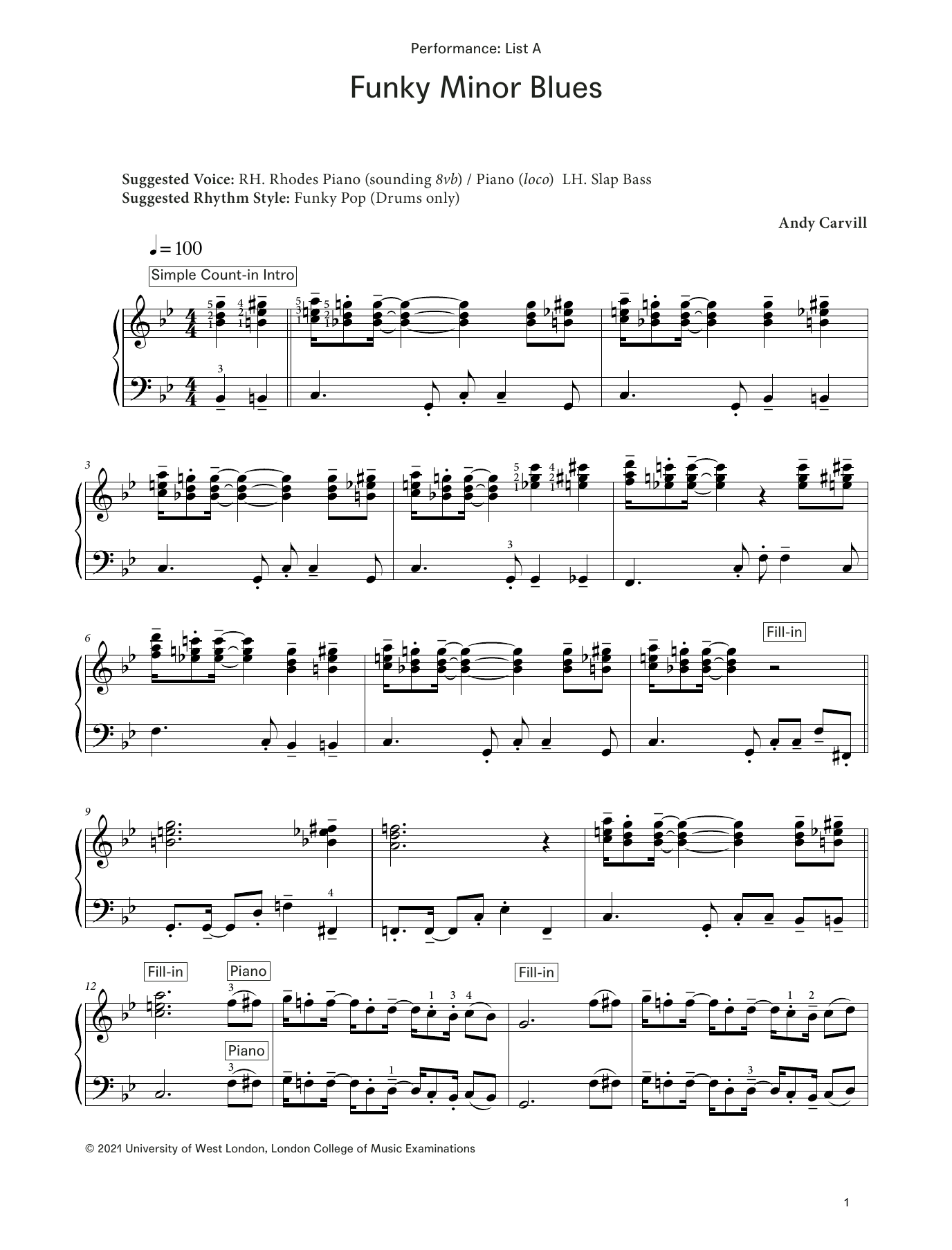 Andy Carvill Funky Minor Blues (from LCME Electronic Keyboard Grade 7 List A) Sheet Music Notes & Chords for Piano Solo - Download or Print PDF