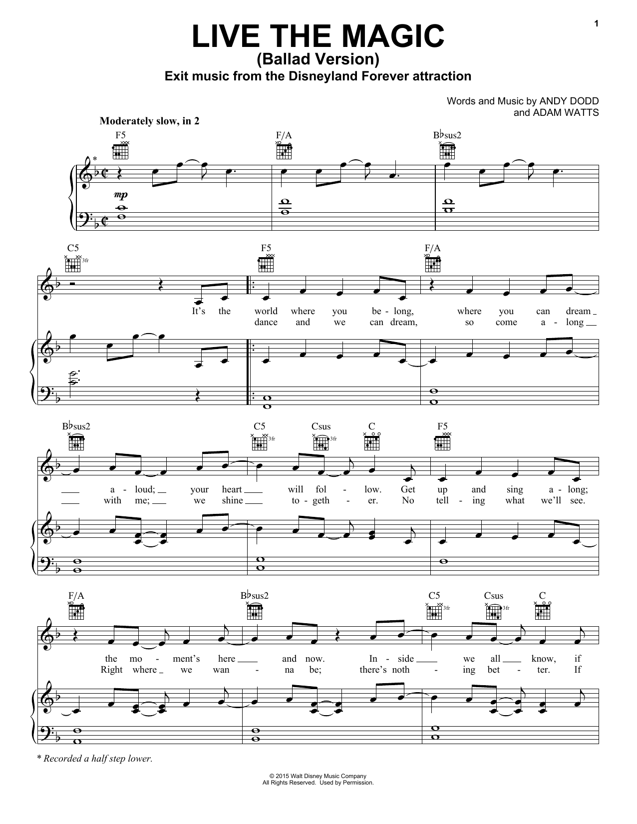 Andy Dodd Live The Magic (from Disneyland Forever) Sheet Music Notes & Chords for Piano, Vocal & Guitar (Right-Hand Melody) - Download or Print PDF