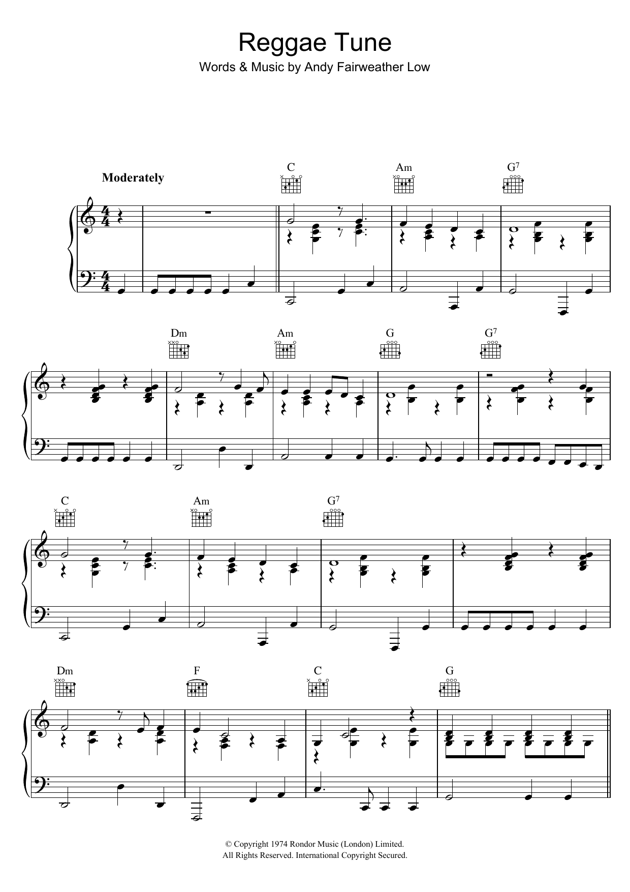 Andy Fairweather Low Reggae Tune Sheet Music Notes & Chords for Piano, Vocal & Guitar (Right-Hand Melody) - Download or Print PDF