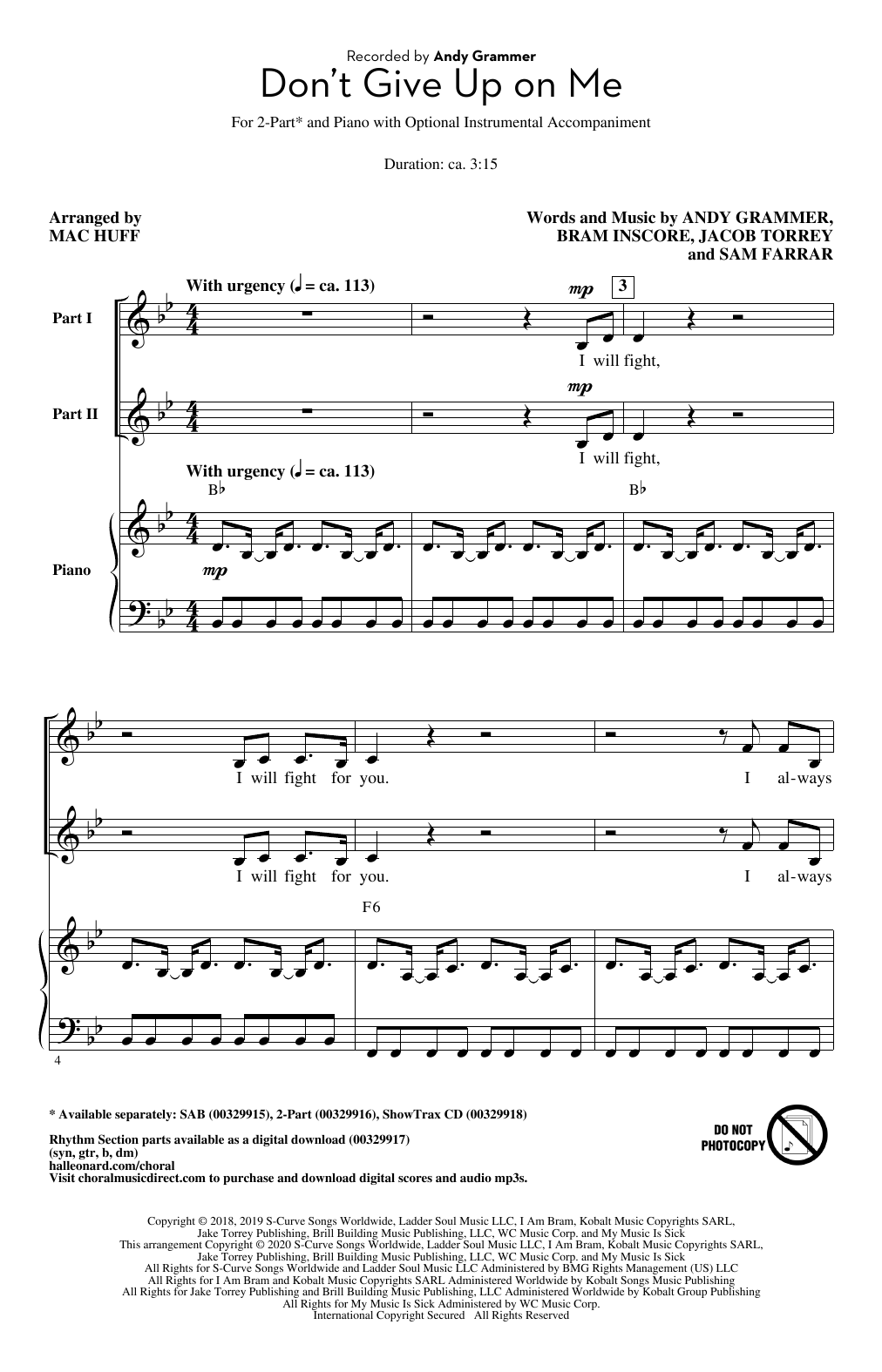 Andy Grammer Don't Give Up On Me (arr. Mac Huff) Sheet Music Notes & Chords for SAB Choir - Download or Print PDF