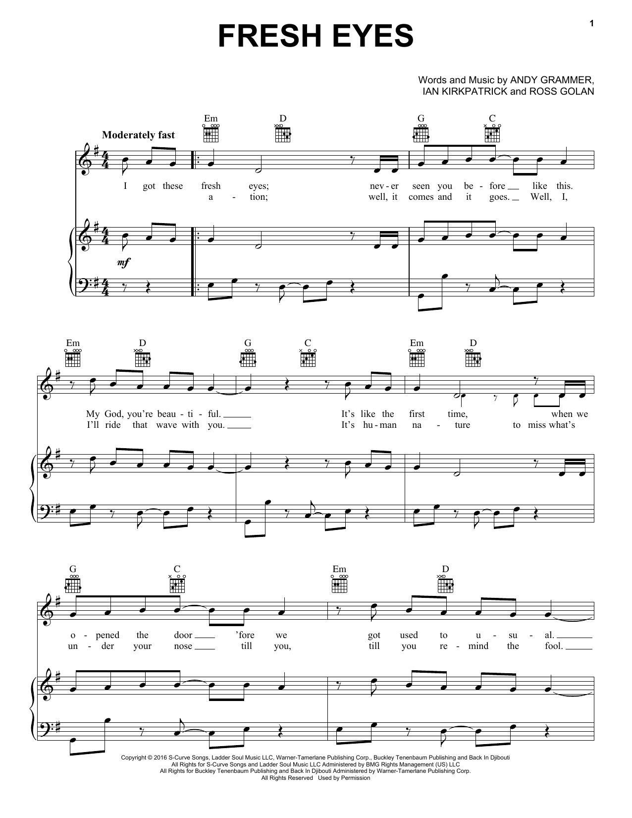 Andy Grammer Fresh Eyes Sheet Music Notes & Chords for Piano, Vocal & Guitar (Right-Hand Melody) - Download or Print PDF