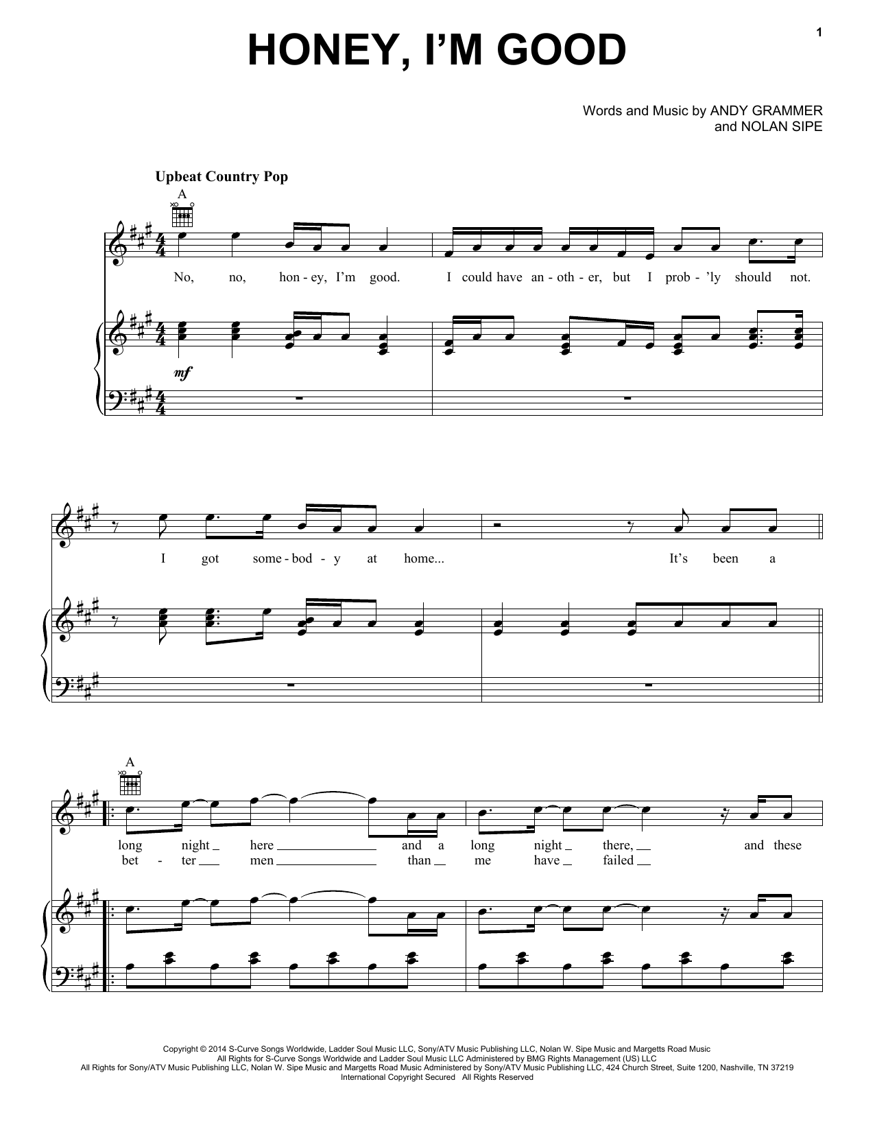 Andy Grammer Honey, I'm Good Sheet Music Notes & Chords for Piano, Vocal & Guitar (Right-Hand Melody) - Download or Print PDF