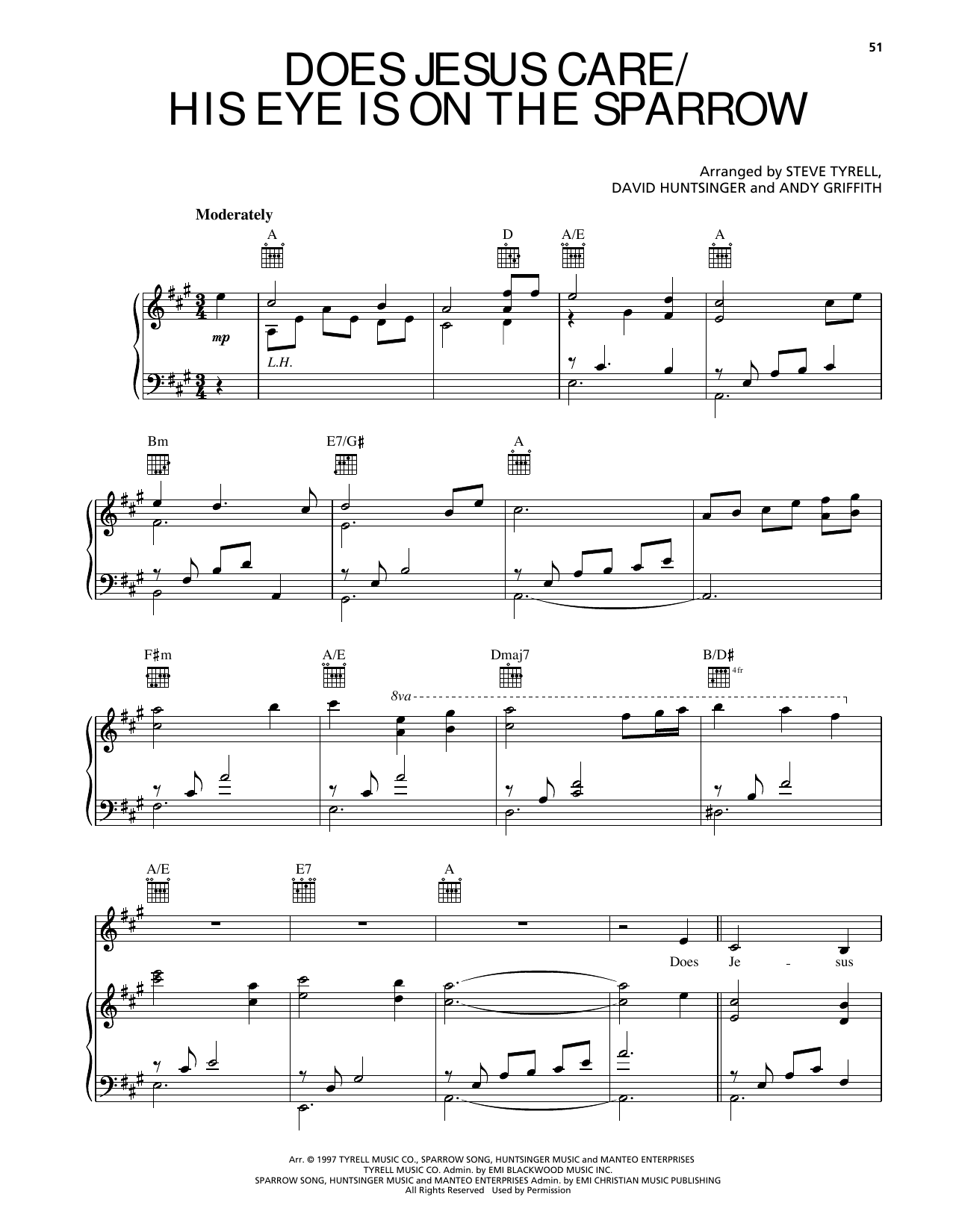 Andy Griffith Does Jesus Care/His Eye Is On The Sparrow Sheet Music Notes & Chords for Piano, Vocal & Guitar Chords (Right-Hand Melody) - Download or Print PDF