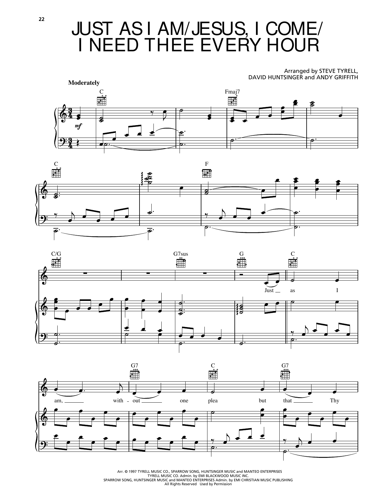Andy Griffith Just As I Am/Jesus, I Come/I Need Thee Every Hour Sheet Music Notes & Chords for Piano, Vocal & Guitar Chords (Right-Hand Melody) - Download or Print PDF