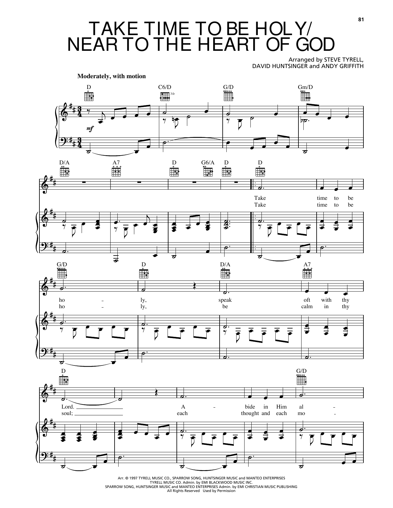 Andy Griffith Take Time To Be Holy/Near To The Heart Of God Sheet Music Notes & Chords for Piano, Vocal & Guitar Chords (Right-Hand Melody) - Download or Print PDF