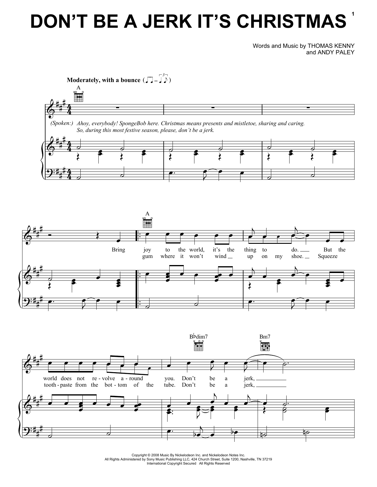 Andy Paley Don't Be A Jerk It's Christmas (from SpongeBob SquarePants) Sheet Music Notes & Chords for Piano, Vocal & Guitar (Right-Hand Melody) - Download or Print PDF