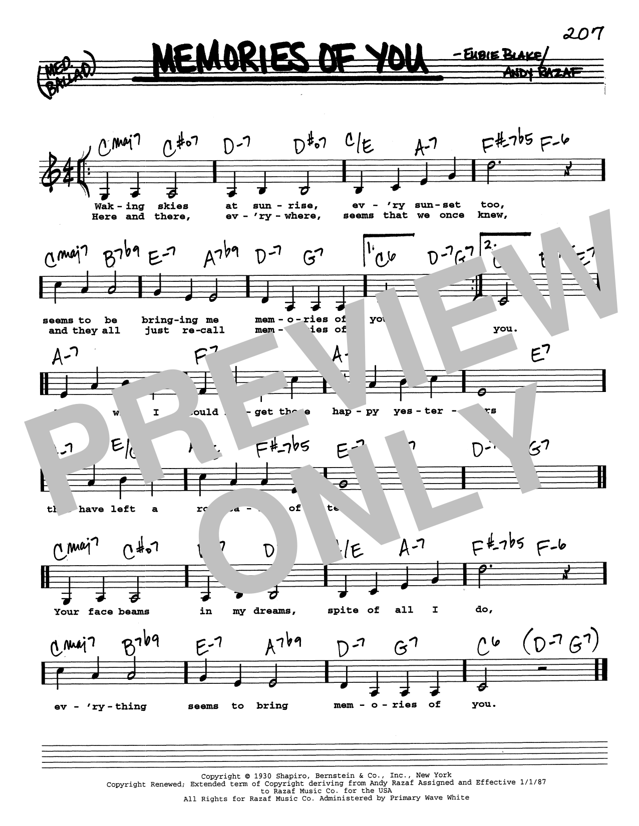 Andy Razaf Memories Of You (Low Voice) Sheet Music Notes & Chords for Real Book – Melody, Lyrics & Chords - Download or Print PDF