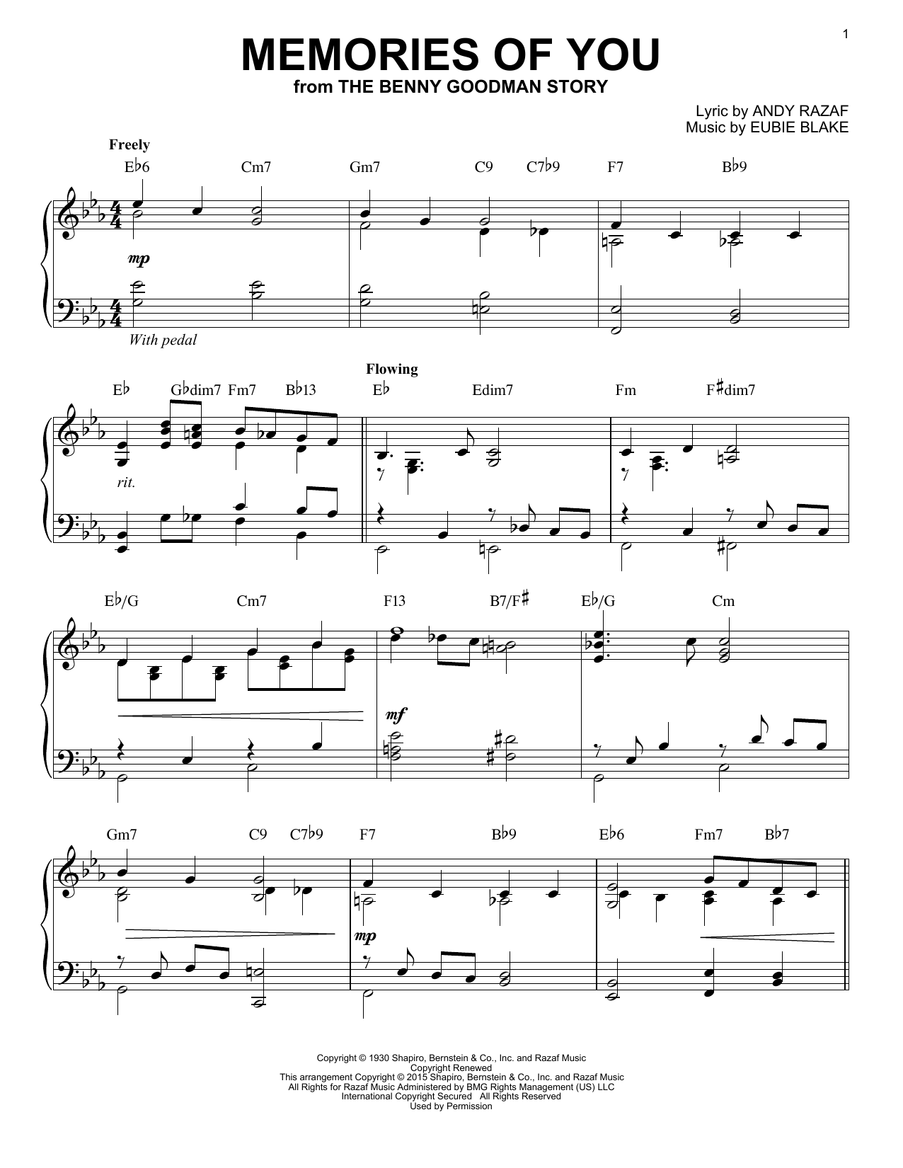 Andy Razaf Memories Of You [Stride version] (arr. Brent Edstrom) Sheet Music Notes & Chords for Piano - Download or Print PDF